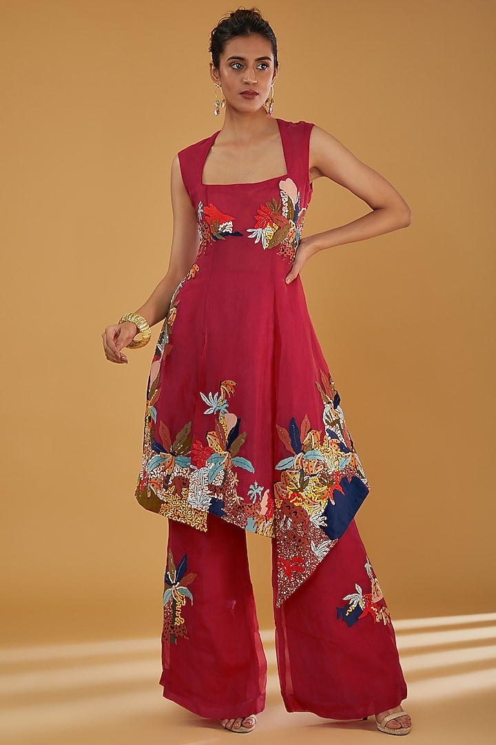 Red Organza & Viscose Georgette Applique Work Co-Ord Set by Sahil Kochhar at Pernia's Pop Up Shop