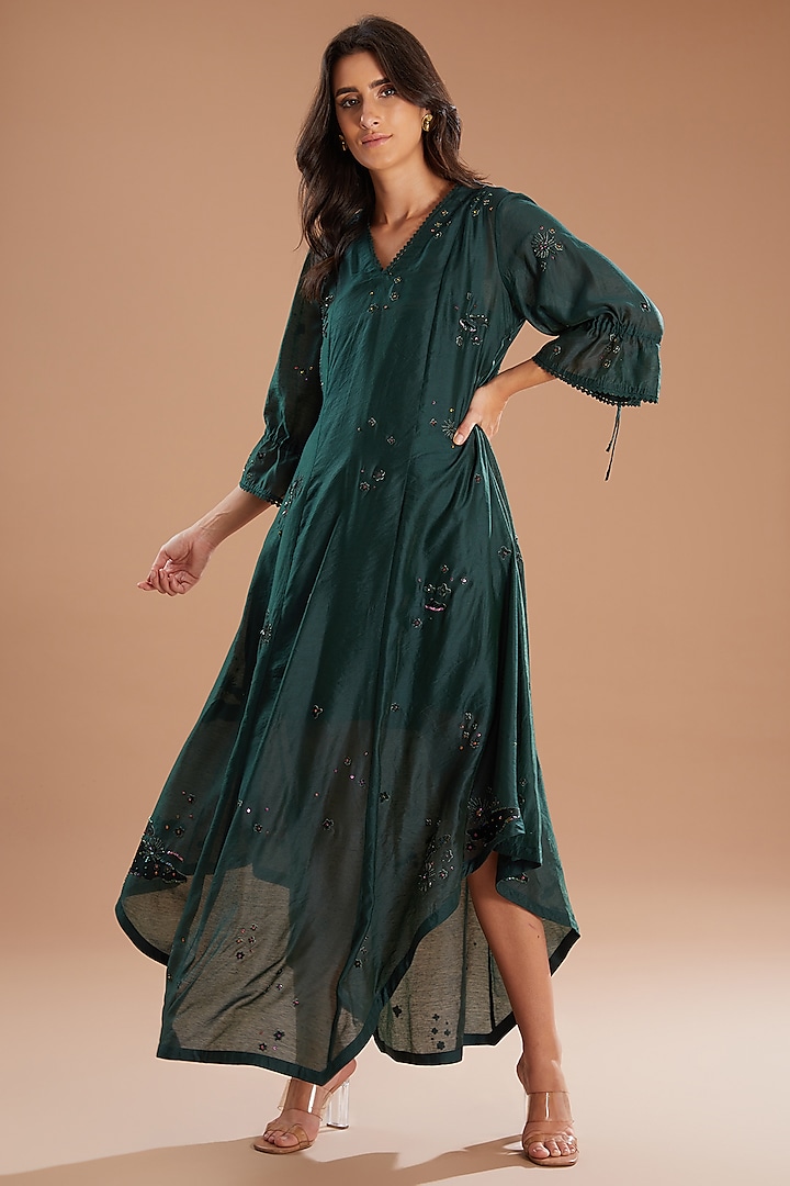 Green Organza Applique Embroidered Asymmetric Dress by Sahil Kochhar