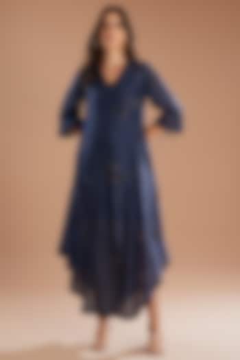Blue Organza Applique Embroidered Asymmetric Dress by Sahil Kochhar