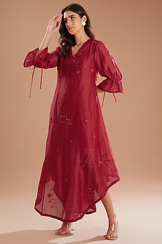 Red Organza Applique Embroidered Asymmetric Dress by Sahil Kochhar