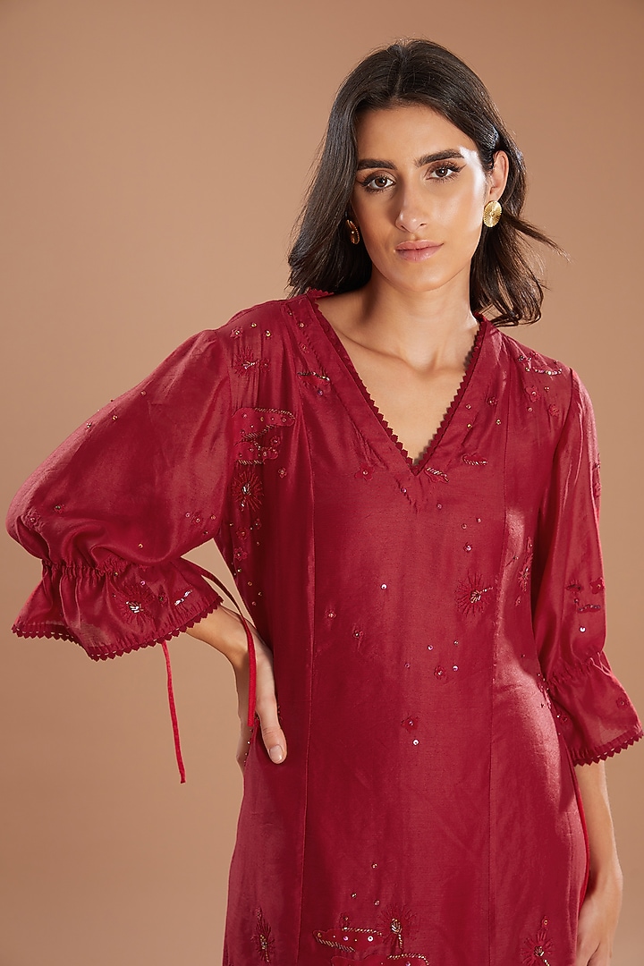 Red Organza Applique Embroidered Asymmetric Cocktail Dress by Sahil Kochhar at Pernia's Pop Up Shop