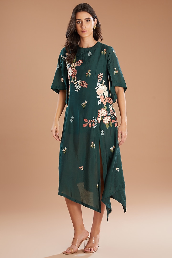 Green Chanderi Applique Embroidered Asymmetric Cocktail Dress by Sahil Kochhar at Pernia's Pop Up Shop