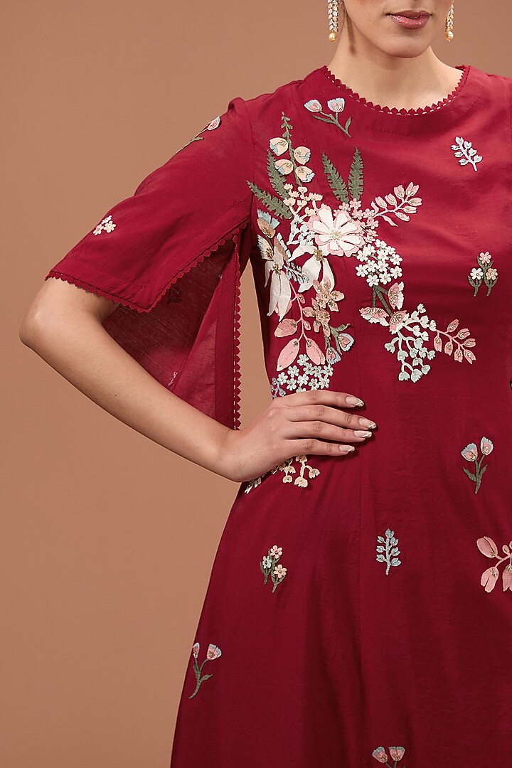 Red Chanderi & Net 3D Applique Floral Embroidered Tunic by Sahil Kochhar at Pernia's Pop Up Shop