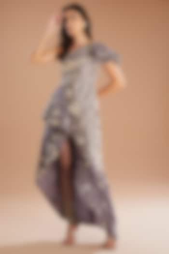 Grey Organza Applique Embroidered Draped Tunic Set by Sahil Kochhar at Pernia's Pop Up Shop