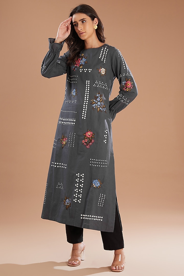 Black Linen Handcrafted Motif Tunic by Sahil Kochhar