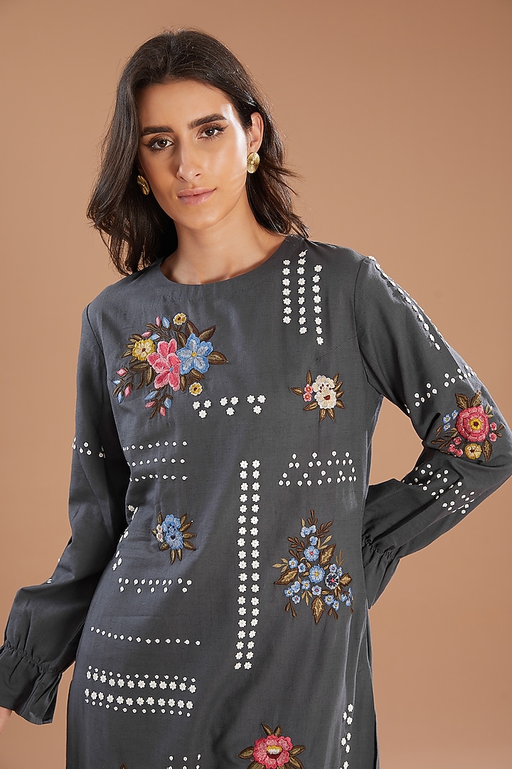 Black Linen Handcrafted Motif Tunic by Sahil Kochhar at Pernia's Pop Up Shop