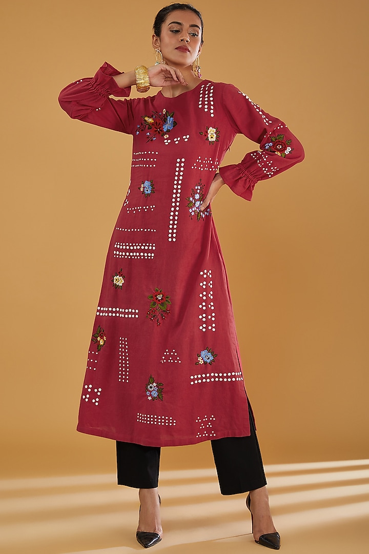Red Linen Applique Work Tunic by Sahil Kochar