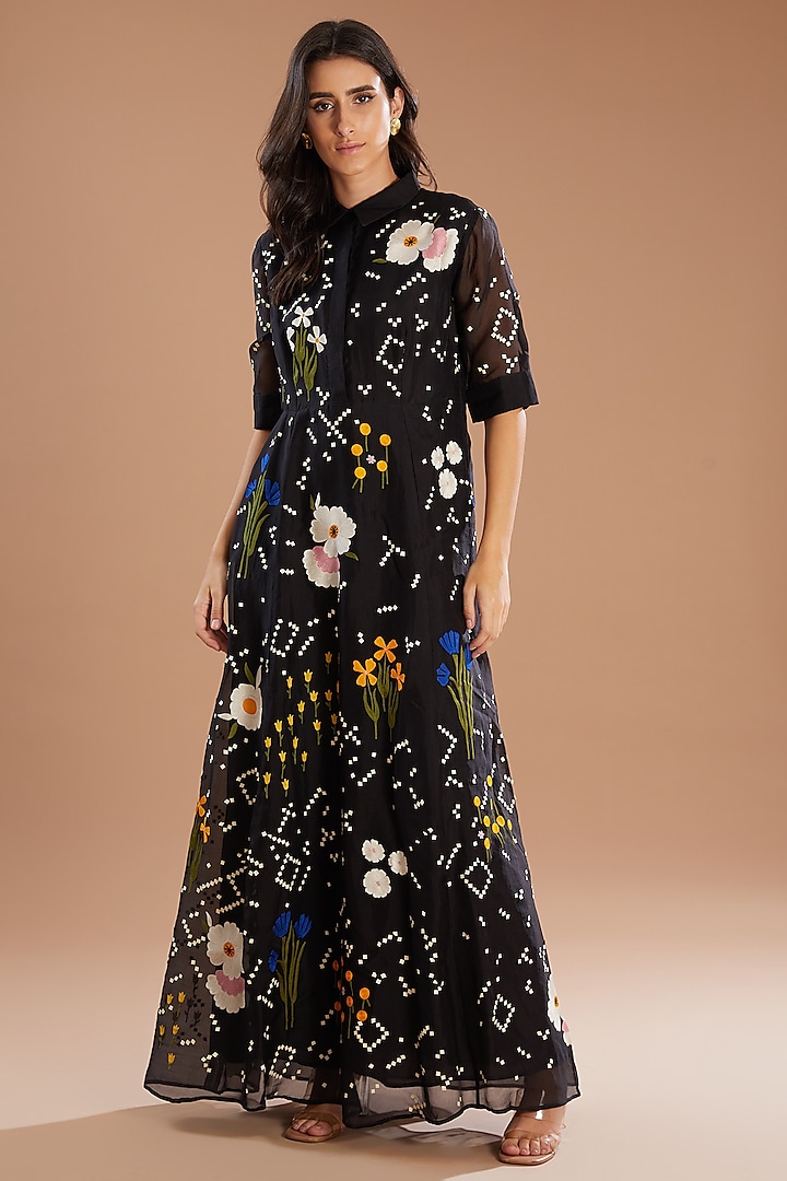 Black Chanderi Floral Thread Embroidered Dress by Sahil Kochhar at Pernia's Pop Up Shop