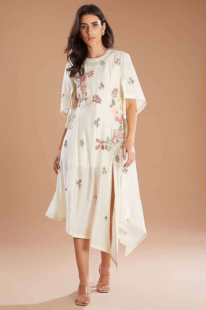 Ivory Chanderi Applique Floral Embroidered Asymmetric Dress by Sahil Kochhar at Pernia's Pop Up Shop