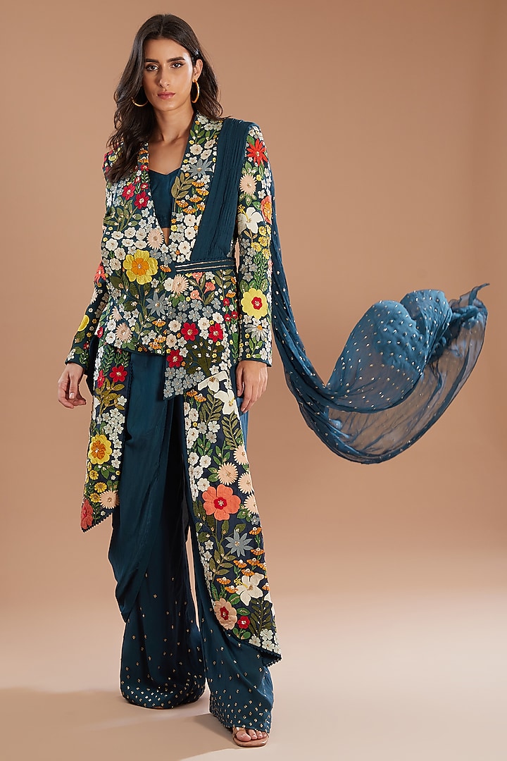 Teal Blue Crepe Applique Embroidered Draped Jacket Set by Sahil Kochhar at Pernia's Pop Up Shop