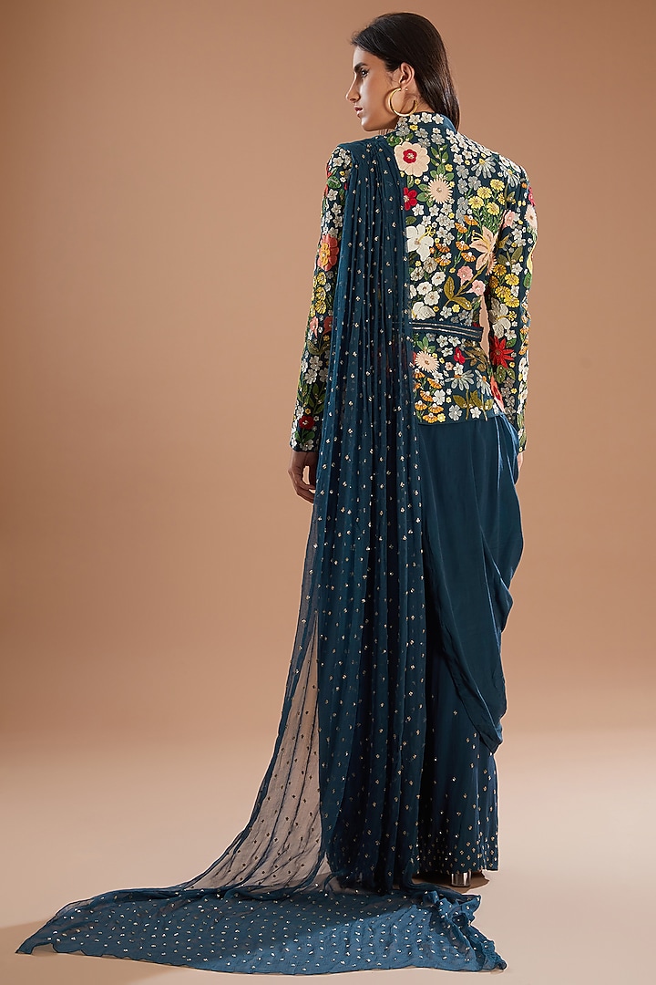 Teal Blue Crepe Applique Embroidered Draped Jacket Set by Sahil Kochhar at Pernia's Pop Up Shop