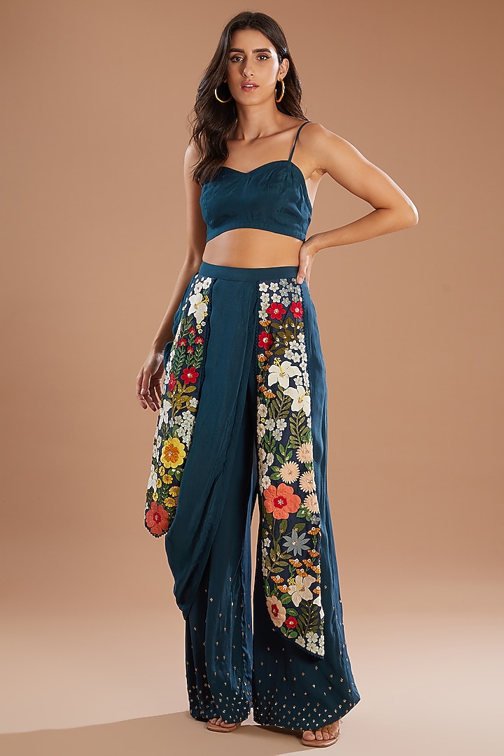 Teal Blue Crepe Applique Embroidered Draped Jacket Set by Sahil Kochhar at Pernia's Pop Up Shop