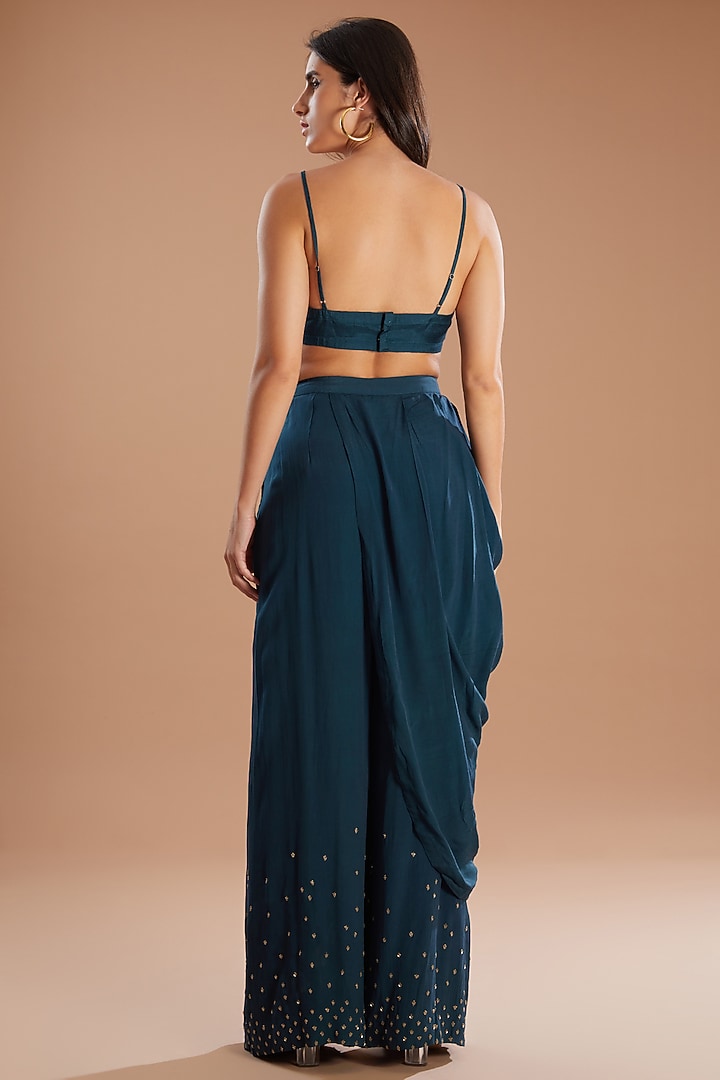 Teal Blue Crepe Applique Embroidered Draped Jacket Set by Sahil Kochhar at Pernia's Pop Up Shop