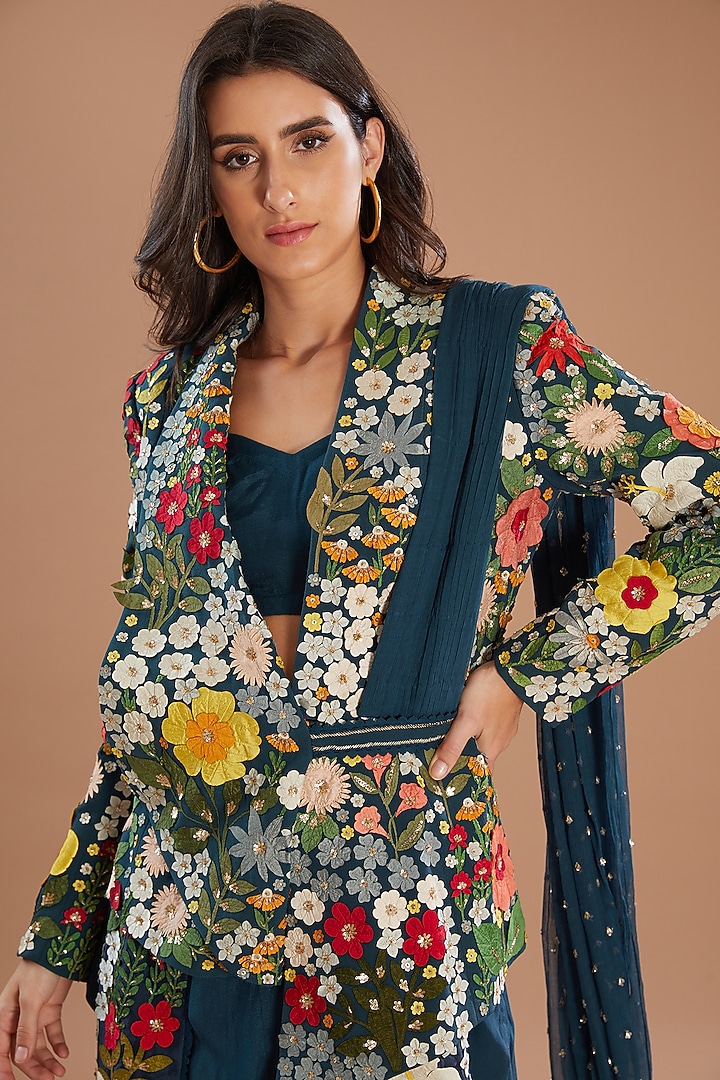 Teal Blue Crepe Applique Embroidered Draped Jacket Set by Sahil Kochhar at Pernia's Pop Up Shop