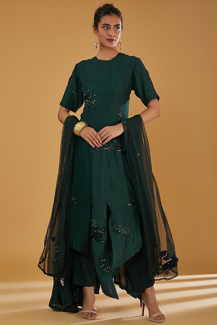 Teal Chanderi Embroidered Kurta Set by Sahil Kochhar at Pernia's Pop Up Shop