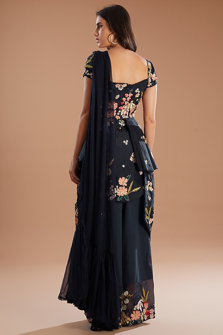 Blue Organza & Chiffon Applique Embroidered Draped Kurta Set by Sahil Kochhar at Pernia's Pop Up Shop