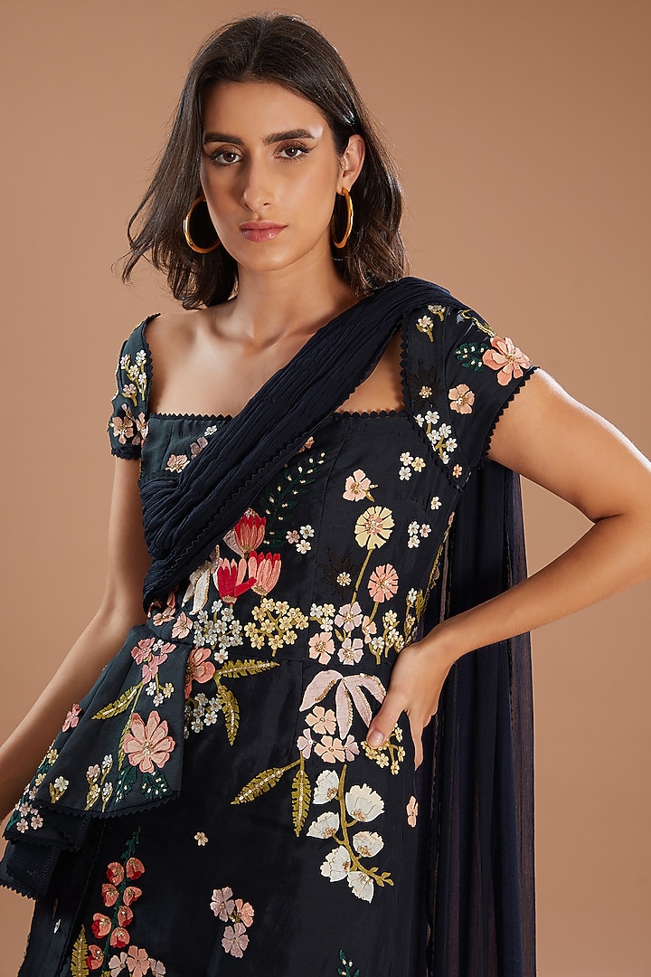 Blue Organza & Chiffon Applique Embroidered Draped Kurta Set by Sahil Kochhar at Pernia's Pop Up Shop