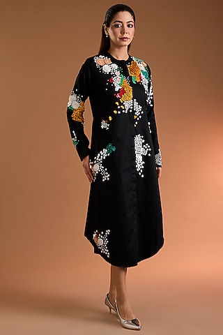 Black Shirting Printed Tunic by Sahil Kochhar