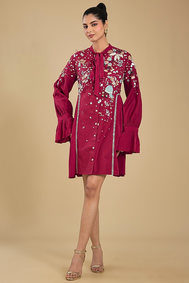 Red Shirting Mini Vacation Shirt Dress by Sahil Kochhar at Pernia's Pop Up Shop