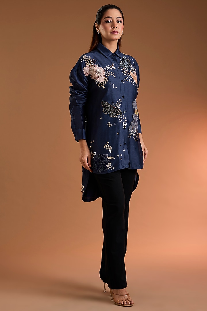 Indigo Chanderi Printed Tunic by Sahil Kochhar at Pernia's Pop Up Shop