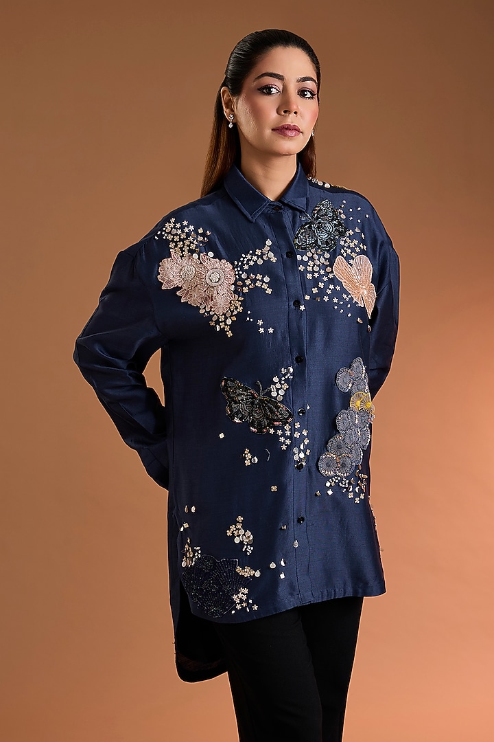 Indigo Chanderi Printed Tunic by Sahil Kochhar at Pernia's Pop Up Shop
