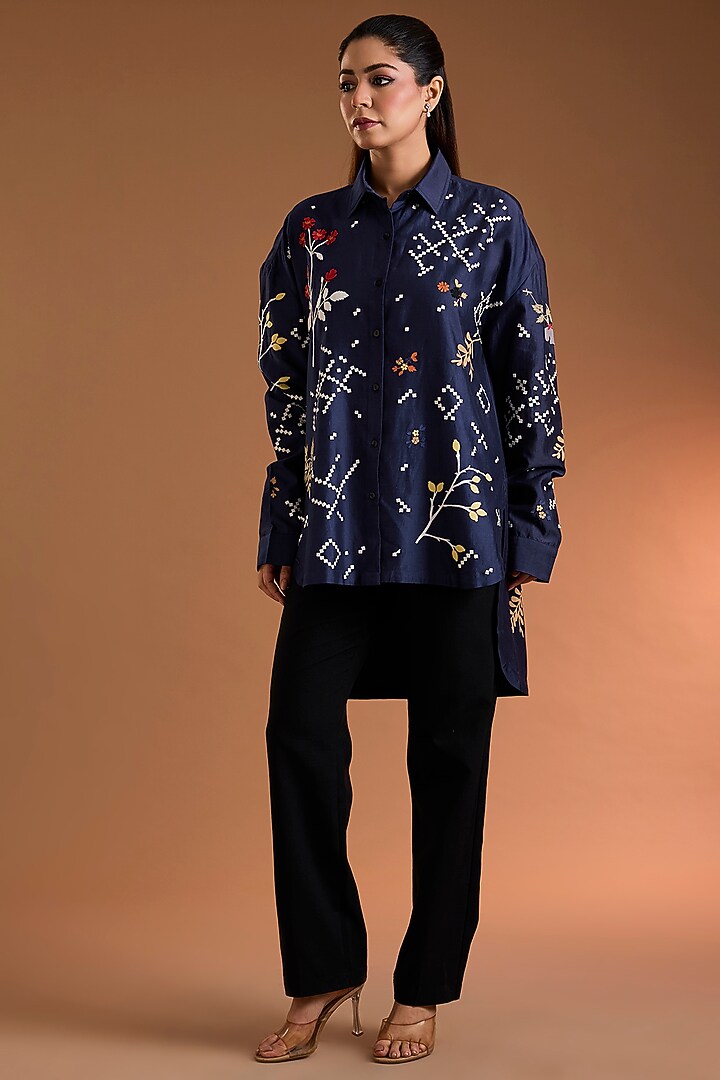 Indigo Chanderi Printed Tunic by Sahil Kochhar at Pernia's Pop Up Shop