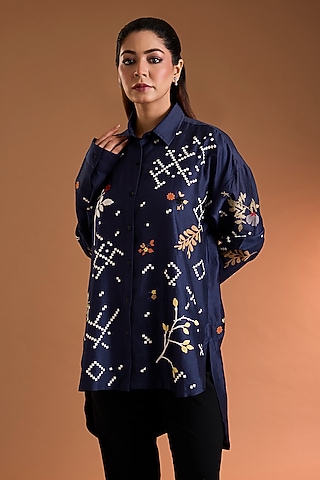 Indigo Chanderi Printed Tunic by Sahil Kochhar