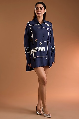 Navy Poplin Printed Shirt by Sahil Kochhar