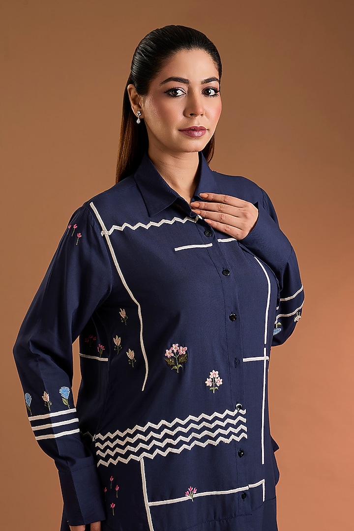 Navy Poplin Printed Shirt by Sahil Kochhar at Pernia's Pop Up Shop