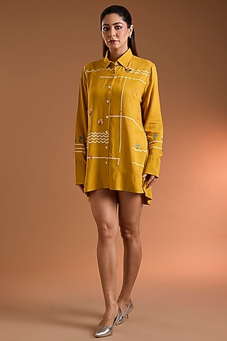 Yellow Poplin Printed Shirt by Sahil Kochhar