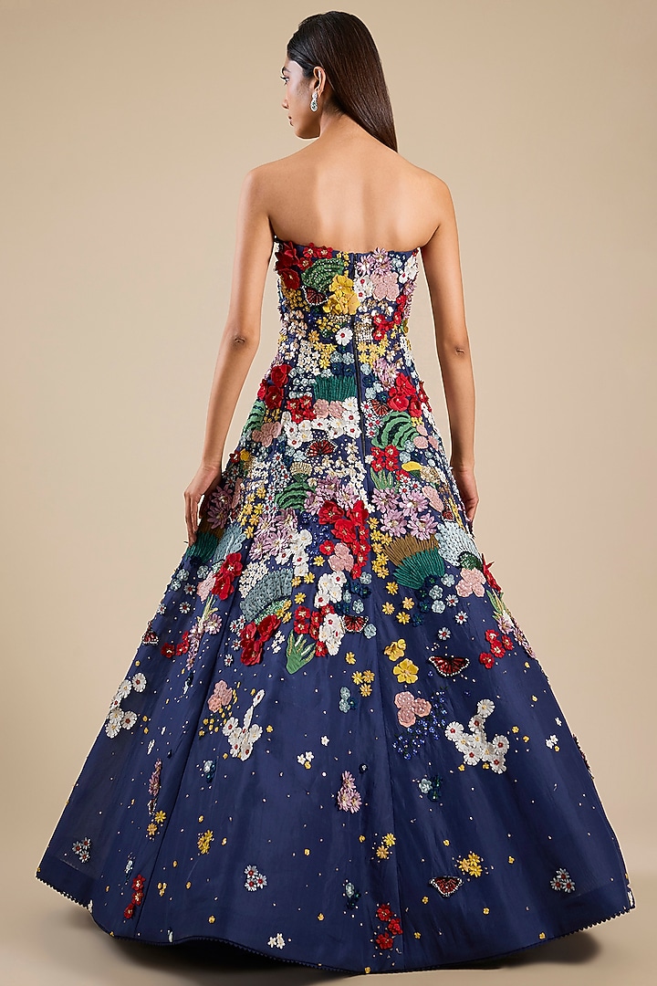 Navy Silk Organza Applique Embroidered Bridal Gown by Sahil Kochhar at Pernia's Pop Up Shop