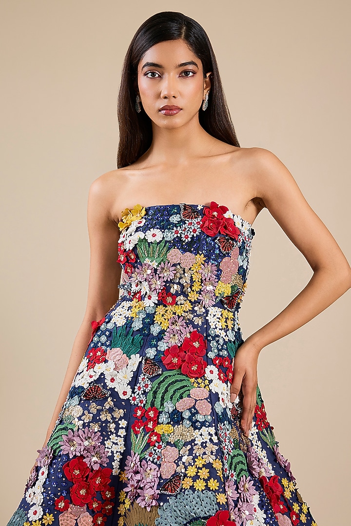 Navy Silk Organza Applique Embroidered Bridal Gown by Sahil Kochhar at Pernia's Pop Up Shop