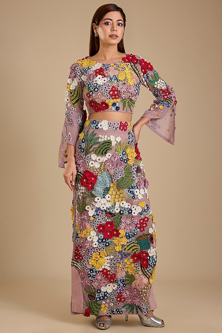 Multi-Colored Silk Soft Net Applique Embroidered Skirt Set by Sahil Kochhar at Pernia's Pop Up Shop