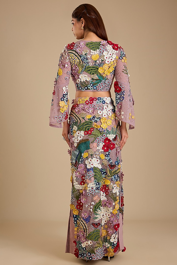 Multi-Colored Silk Soft Net Applique Embroidered Skirt Set by Sahil Kochhar at Pernia's Pop Up Shop