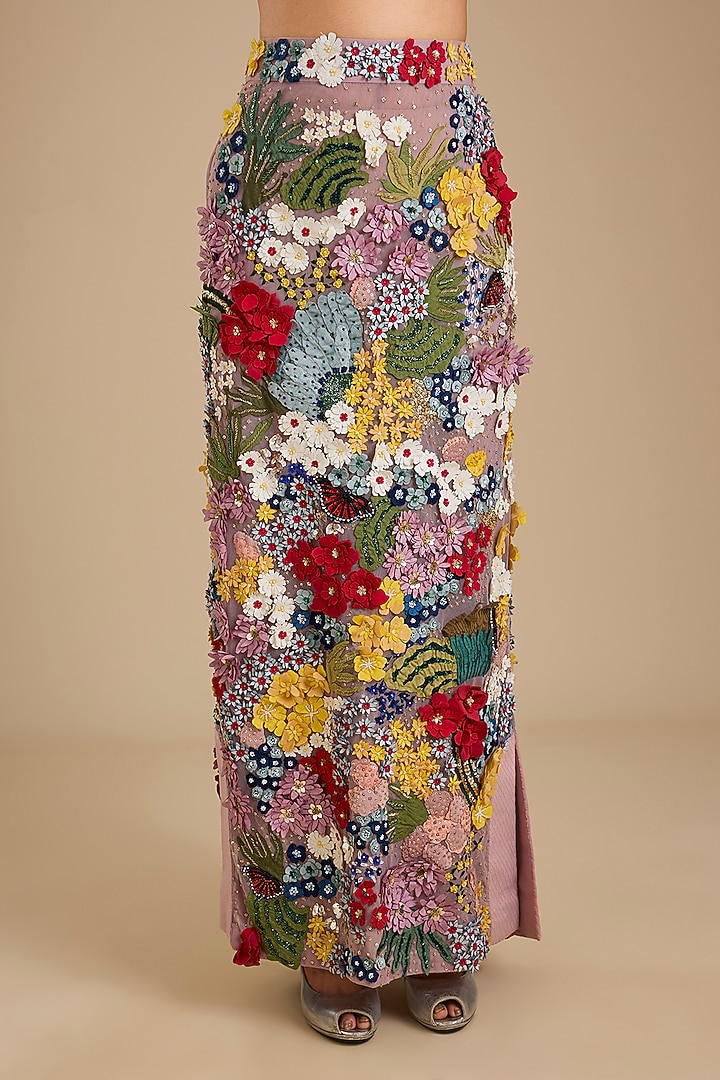 Multi-Colored Silk Soft Net Applique Embroidered Skirt Set by Sahil Kochhar at Pernia's Pop Up Shop