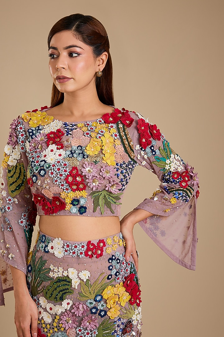 Multi-Colored Silk Soft Net Applique Embroidered Skirt Set by Sahil Kochhar at Pernia's Pop Up Shop