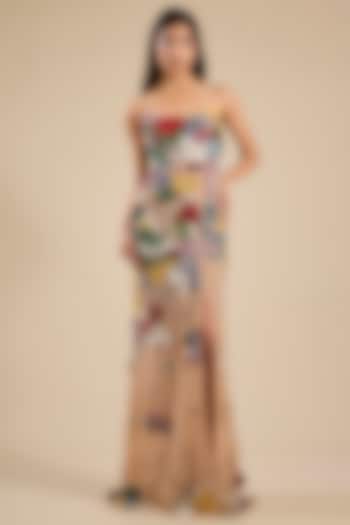 Nude Silk Soft Net Applique Embroidered Party Wear Dress by Sahil Kochhar at Pernia's Pop Up Shop