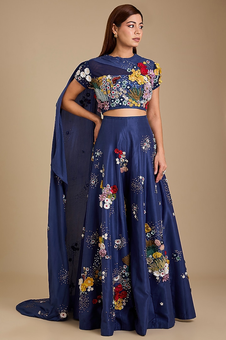 Navy Silk Soft Net Applique Embroidered Pant Set by Sahil Kochhar at Pernia's Pop Up Shop