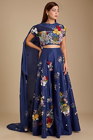Navy Silk Soft Net Applique Embroidered Pant Set by Sahil Kochhar