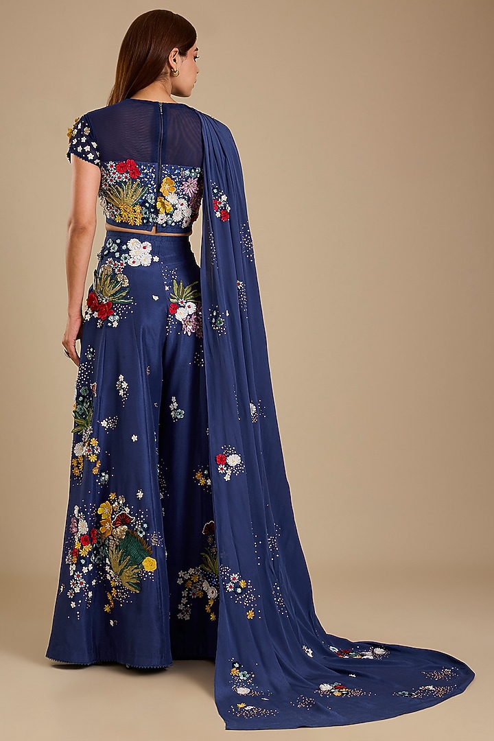 Navy Silk Soft Net Applique Embroidered Pant Set by Sahil Kochhar at Pernia's Pop Up Shop