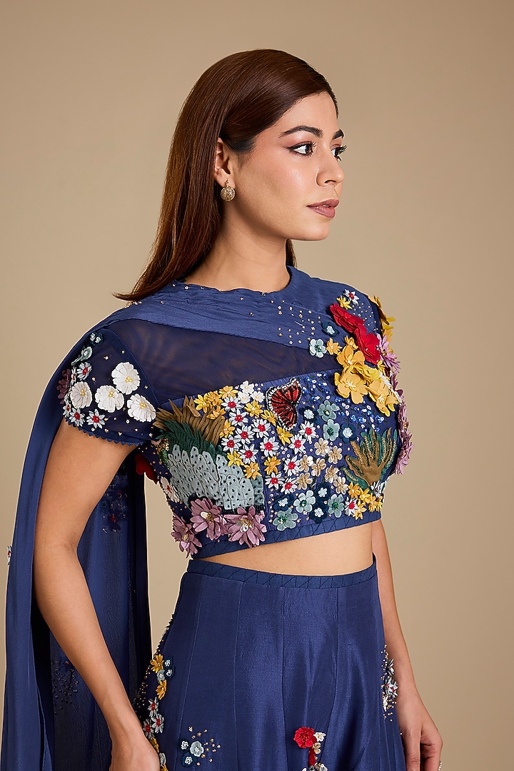 Navy Silk Soft Net Applique Embroidered Pant Set by Sahil Kochhar at Pernia's Pop Up Shop