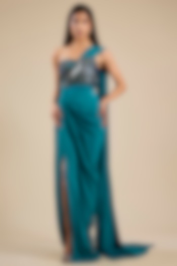 Teal Silk Crepe Applique Embroidered Draped Wedding Gown Saree by Sahil Kochhar at Pernia's Pop Up Shop