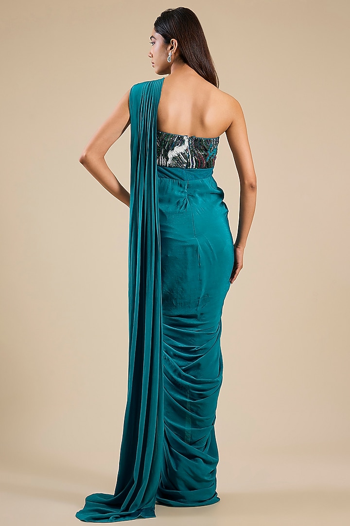 Teal Silk Crepe Applique Embroidered Draped Wedding Gown Saree by Sahil Kochhar at Pernia's Pop Up Shop