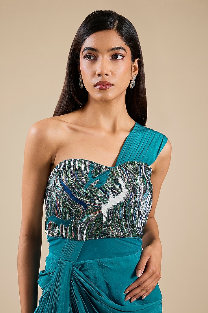 Teal Silk Crepe Applique Embroidered Draped Wedding Gown Saree by Sahil Kochhar at Pernia's Pop Up Shop