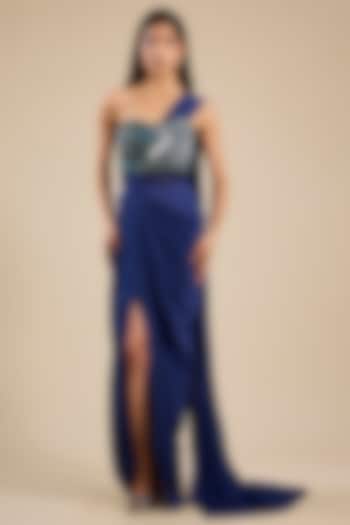 Indigo Silk Crepe Applique Embroidered Draped Wedding Gown Saree by Sahil Kochhar at Pernia's Pop Up Shop