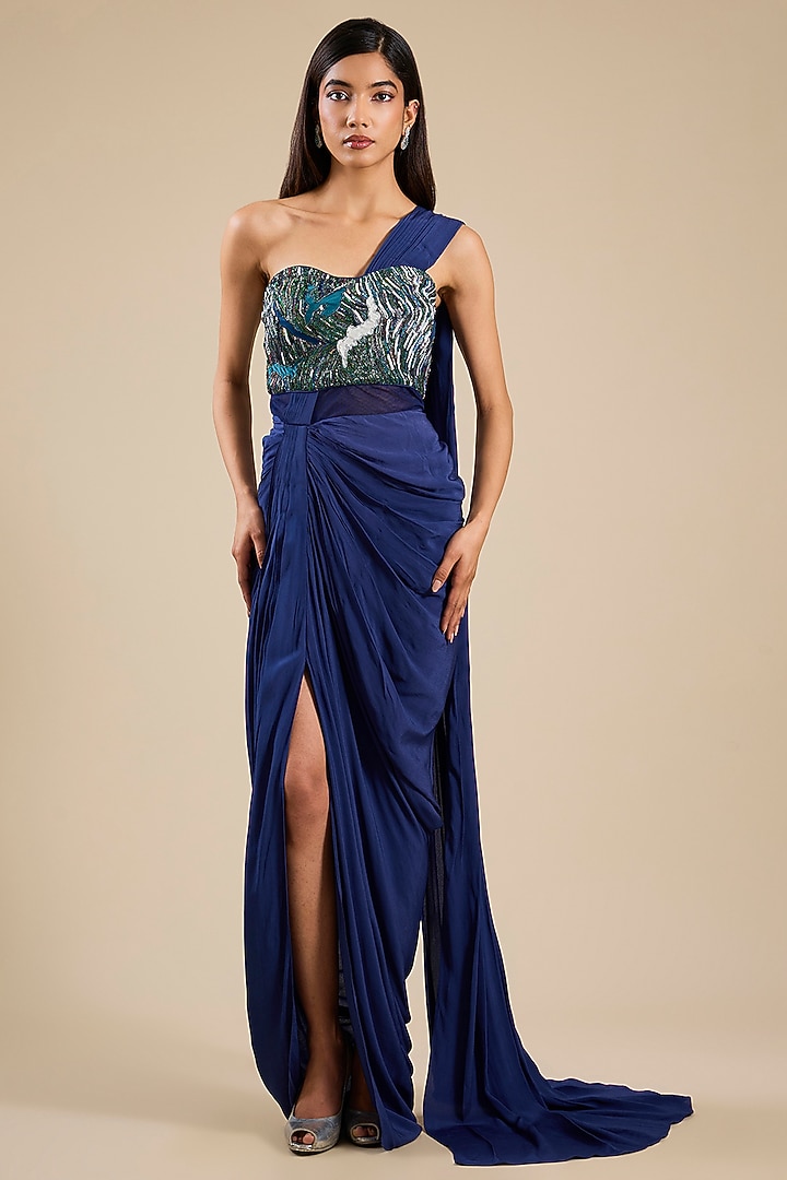 Indigo Silk Crepe Applique Embroidered Draped Wedding Gown Saree by Sahil Kochhar at Pernia's Pop Up Shop