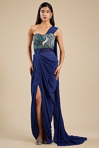 Indigo Silk Crepe Applique Embroidered Draped Gown Saree by Sahil Kochhar