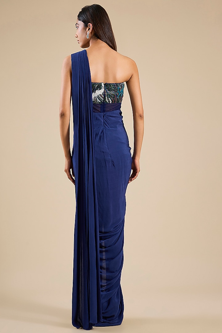 Indigo Silk Crepe Applique Embroidered Draped Wedding Gown Saree by Sahil Kochhar at Pernia's Pop Up Shop