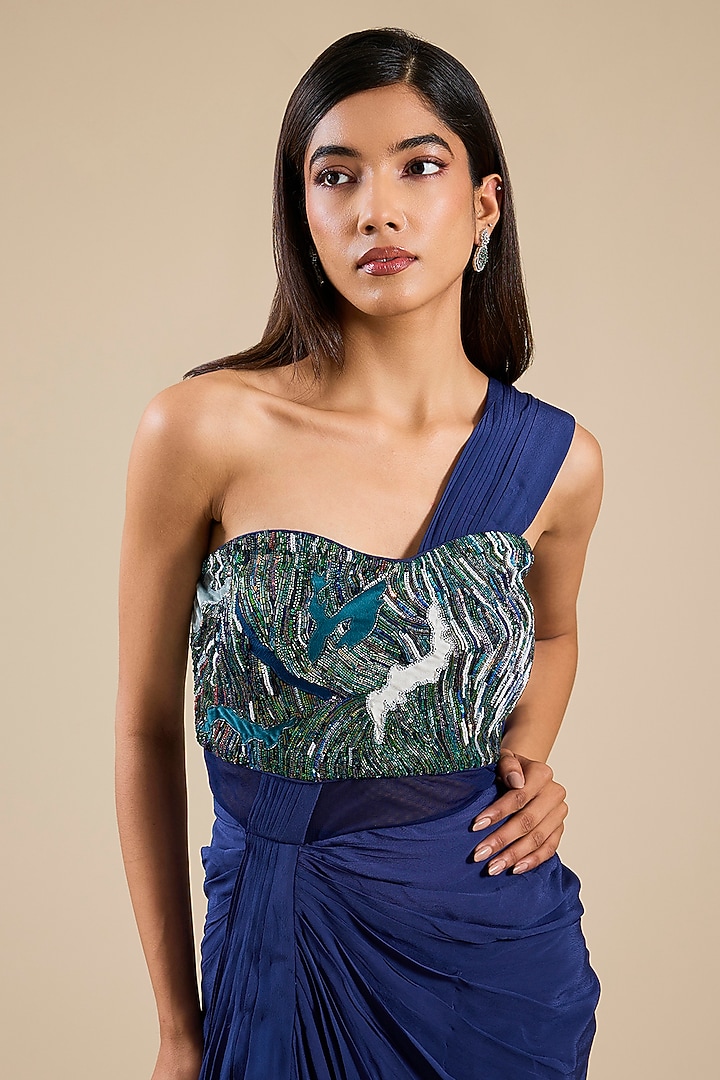Indigo Silk Crepe Applique Embroidered Draped Wedding Gown Saree by Sahil Kochhar at Pernia's Pop Up Shop