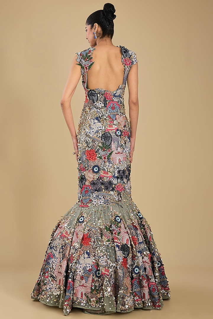 Grey Soft Net Fish-Cut Bridal Gown by Sahil Kochhar at Pernia's Pop Up Shop